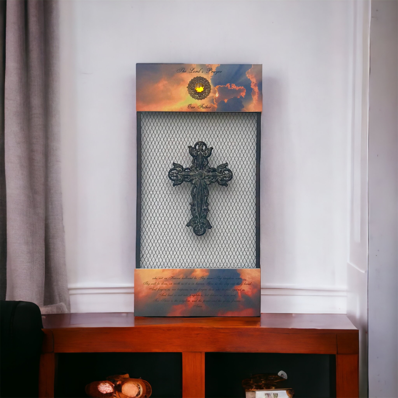 The LordsPrayer Resin Cross on Wood and Metal Mesh