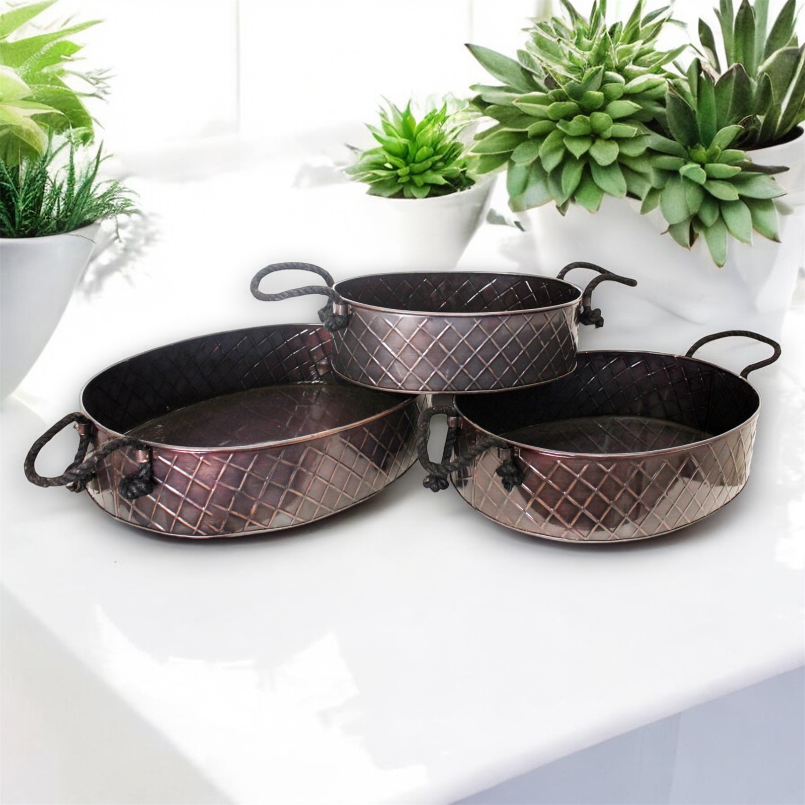Set of 3 Glossy Bronze Rope Handled Trays 